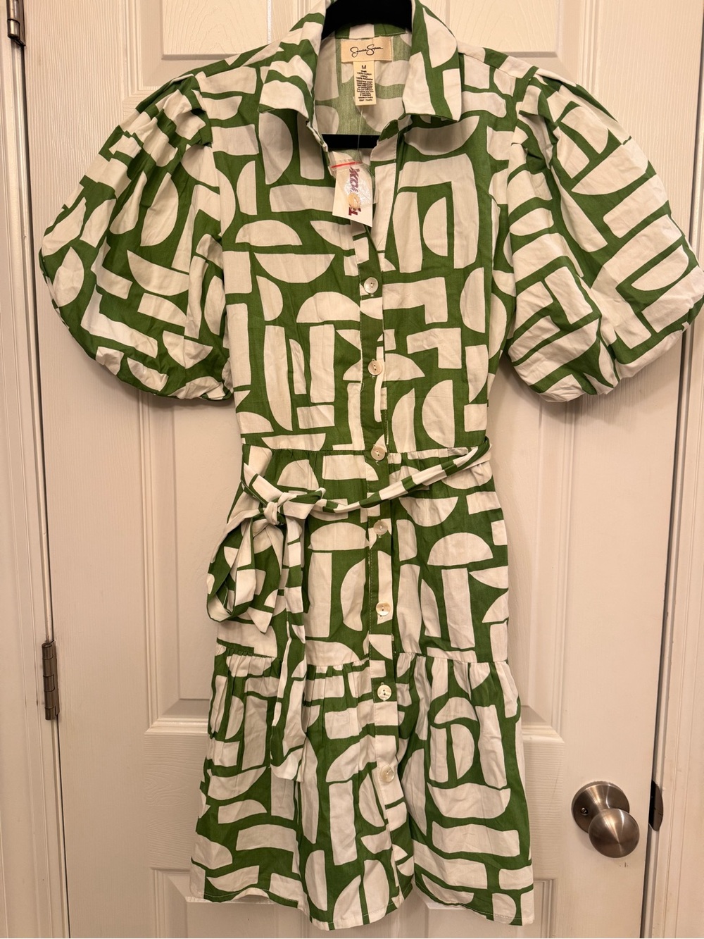 Jessica Simpson Green and White Geometric Tie-Waist Shirt Dress